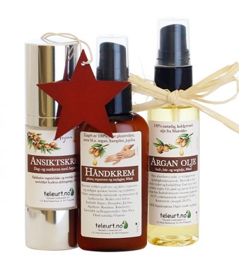 Argan pakke med ansiktskrem, håndkrem og olje